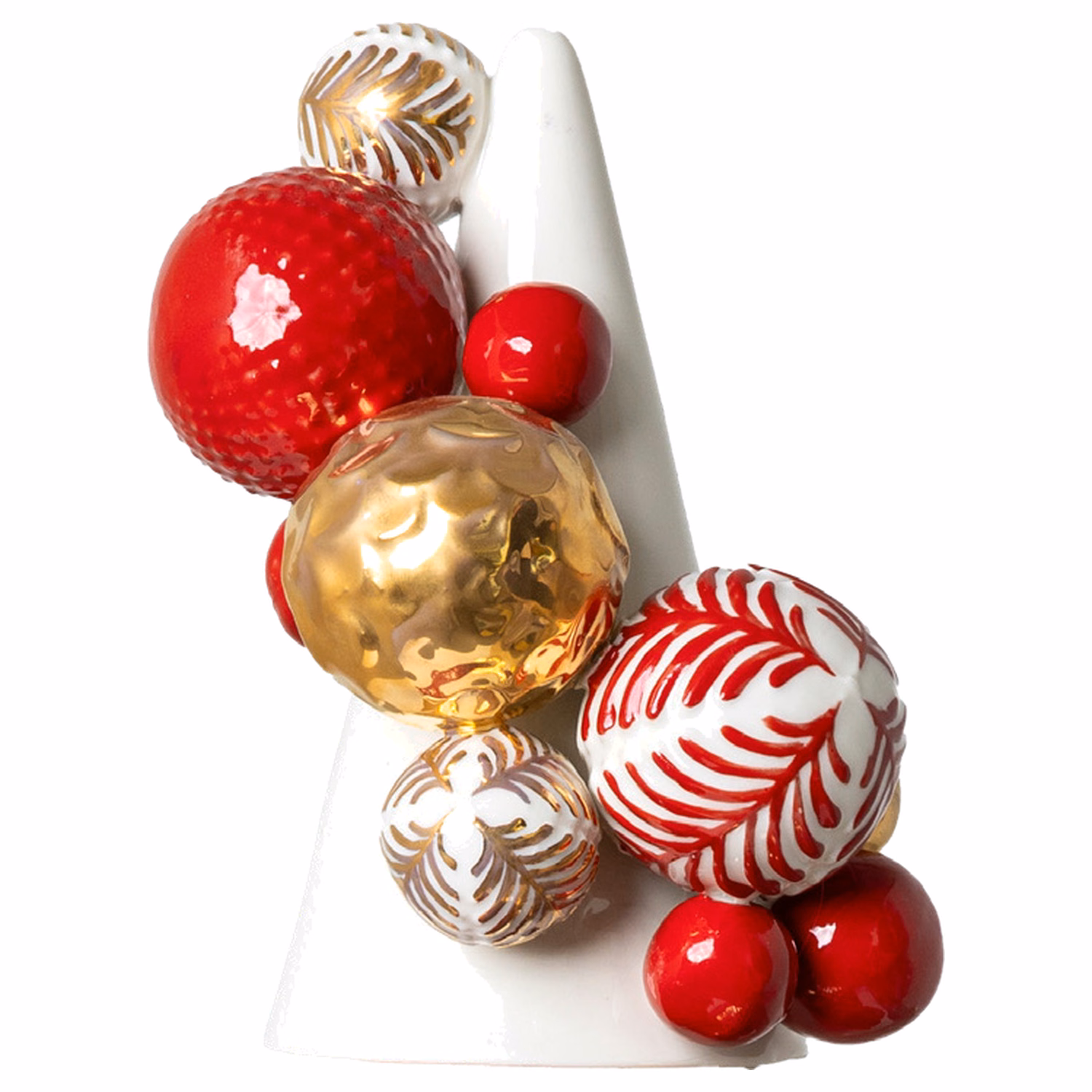 Albero di Natale in porcellana bianca con sfere rosse e dorate a rilievo