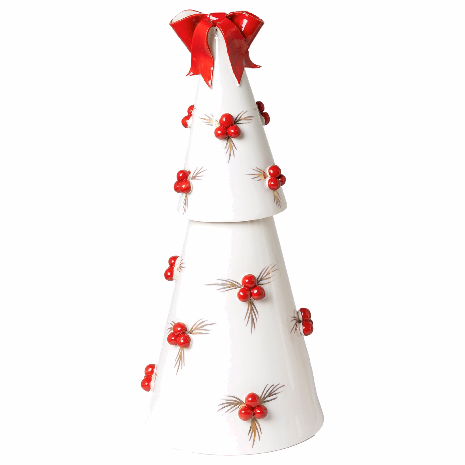 Albero di Natale in porcellana bianco con fiocco rosso e bacche in rilievo