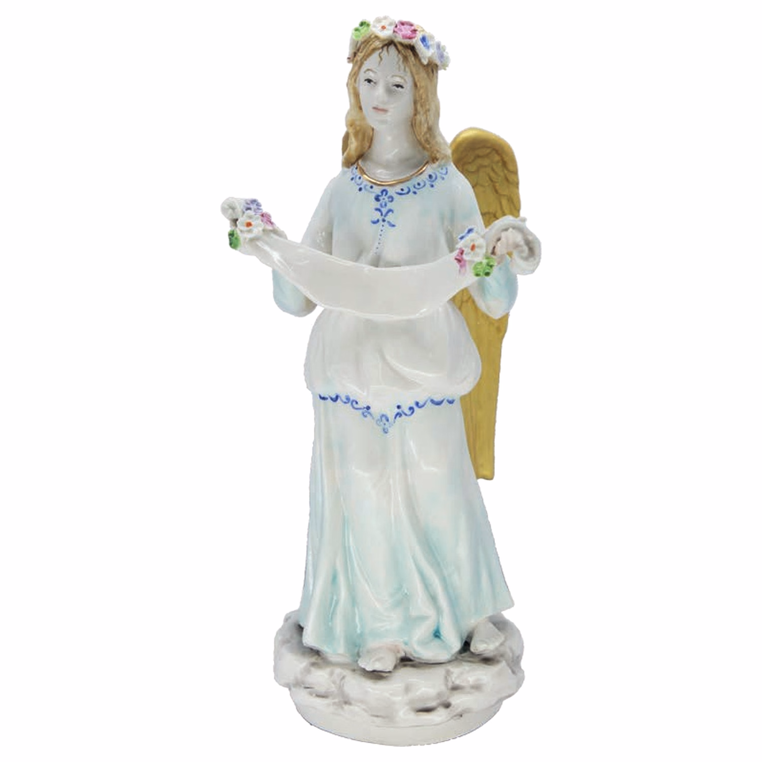 Angelo in porcellana con veste bianca e azzurra, ali dorate e cartiglio