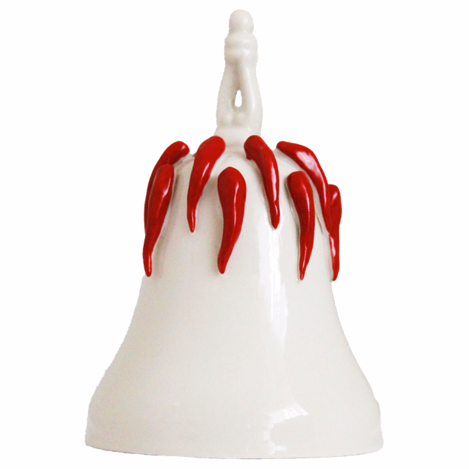Campana natalizia in porcellana bianca con cornetti rossi