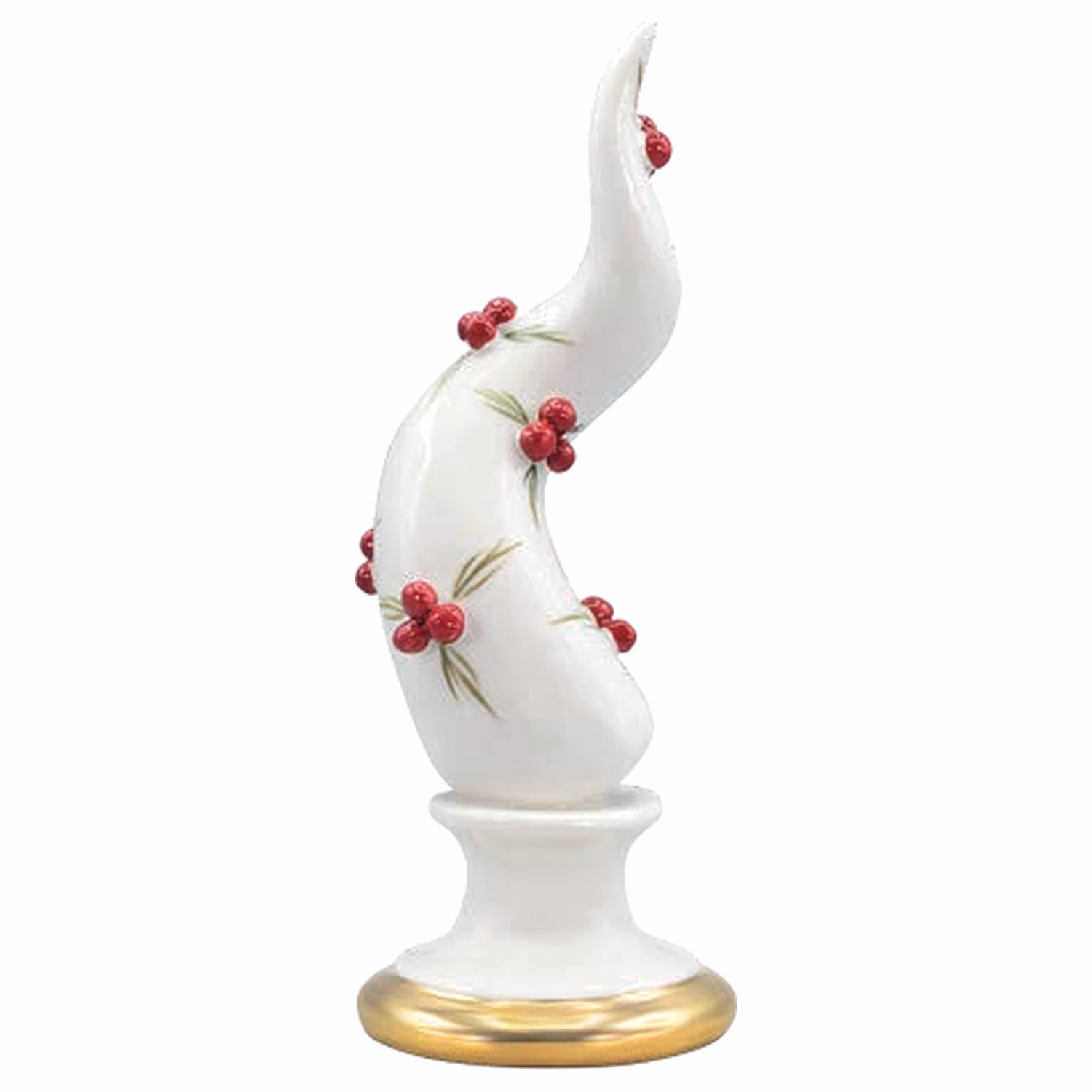 Corno portafortuna in porcellana bianco con decori rossi e base dorata