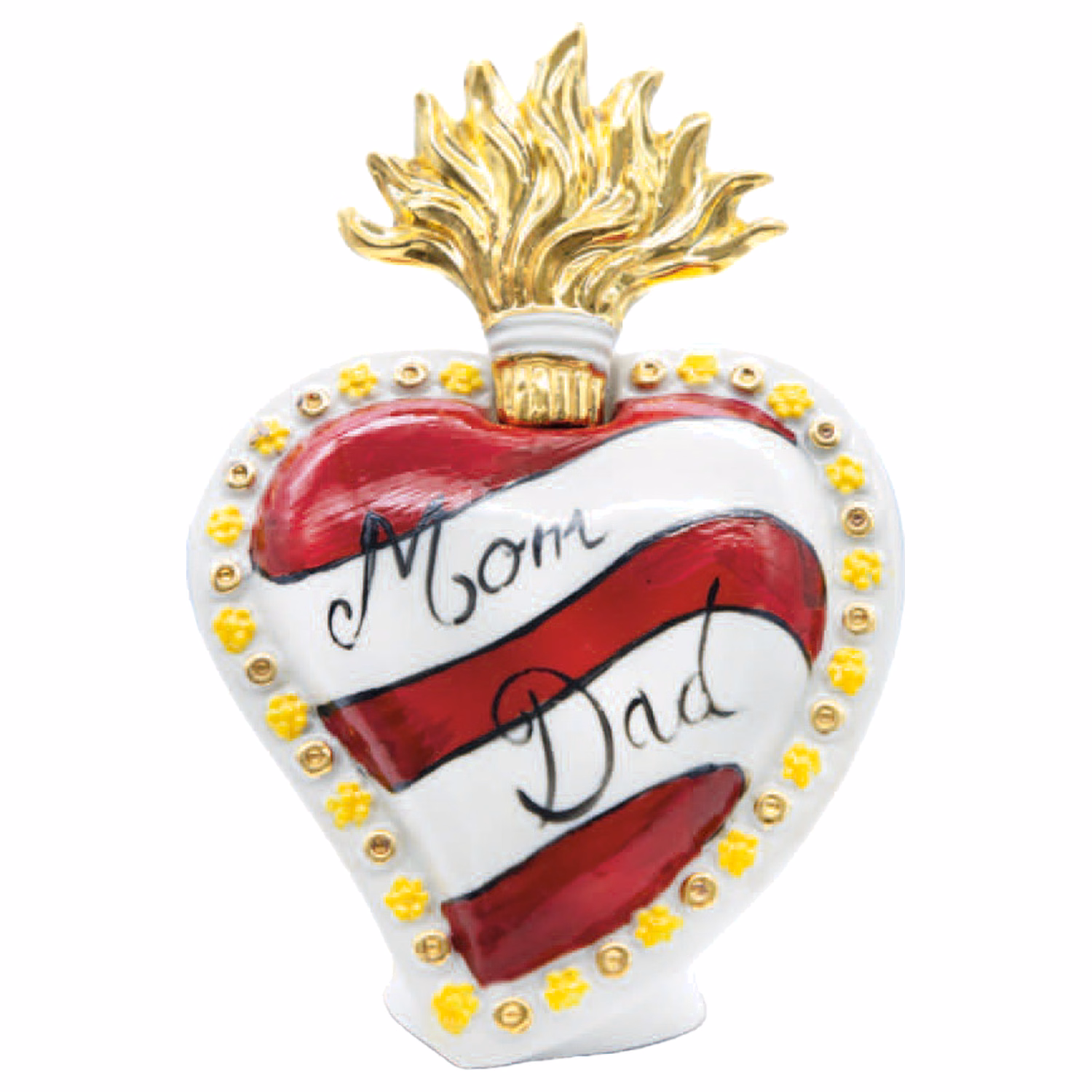 Iconico cuore sacro in porcellana con scritta Mom Dad