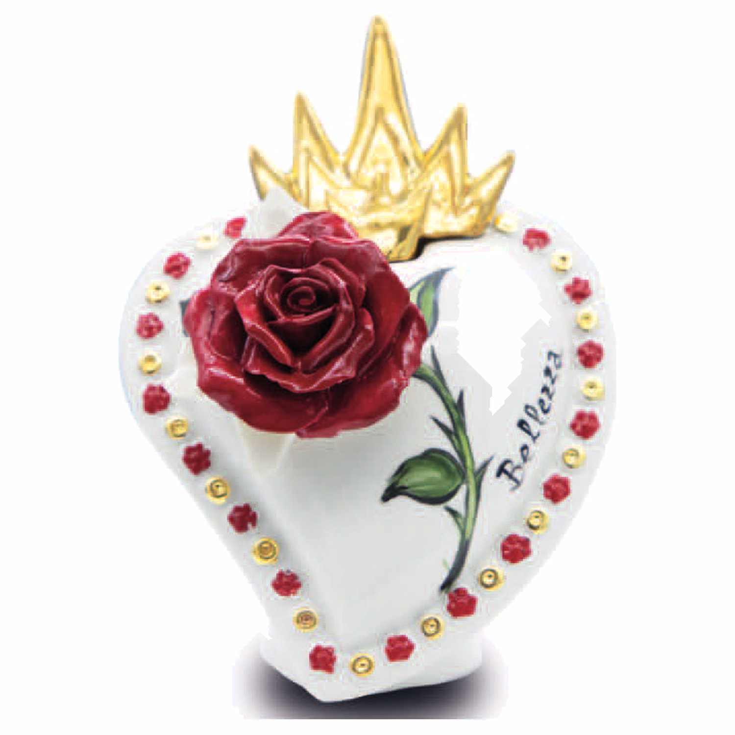 Cuore sacro in porcellana bianca con rosa rossa e corona dorata