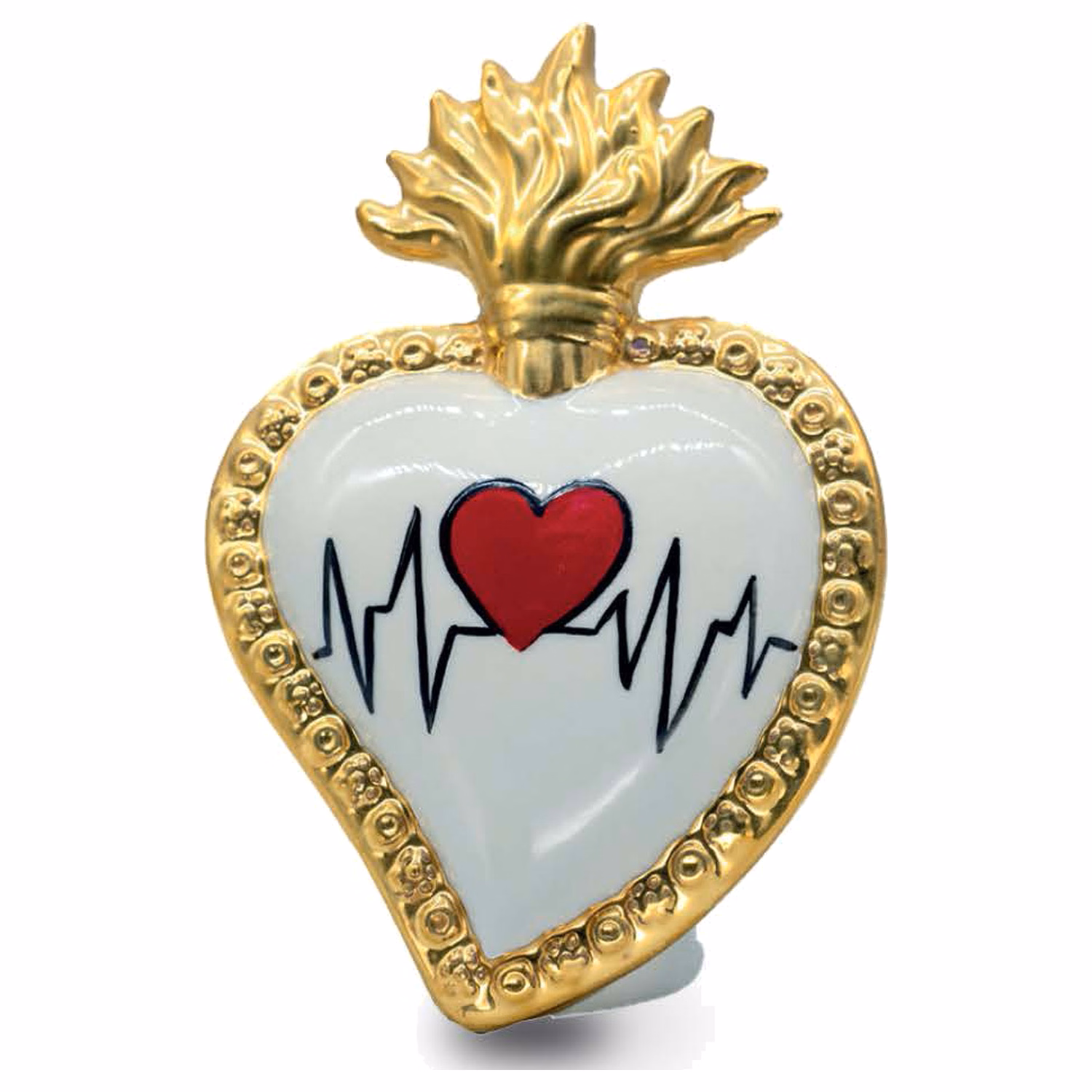 Cuore votivo in porcellana con battito e fiamma dorata - KU30