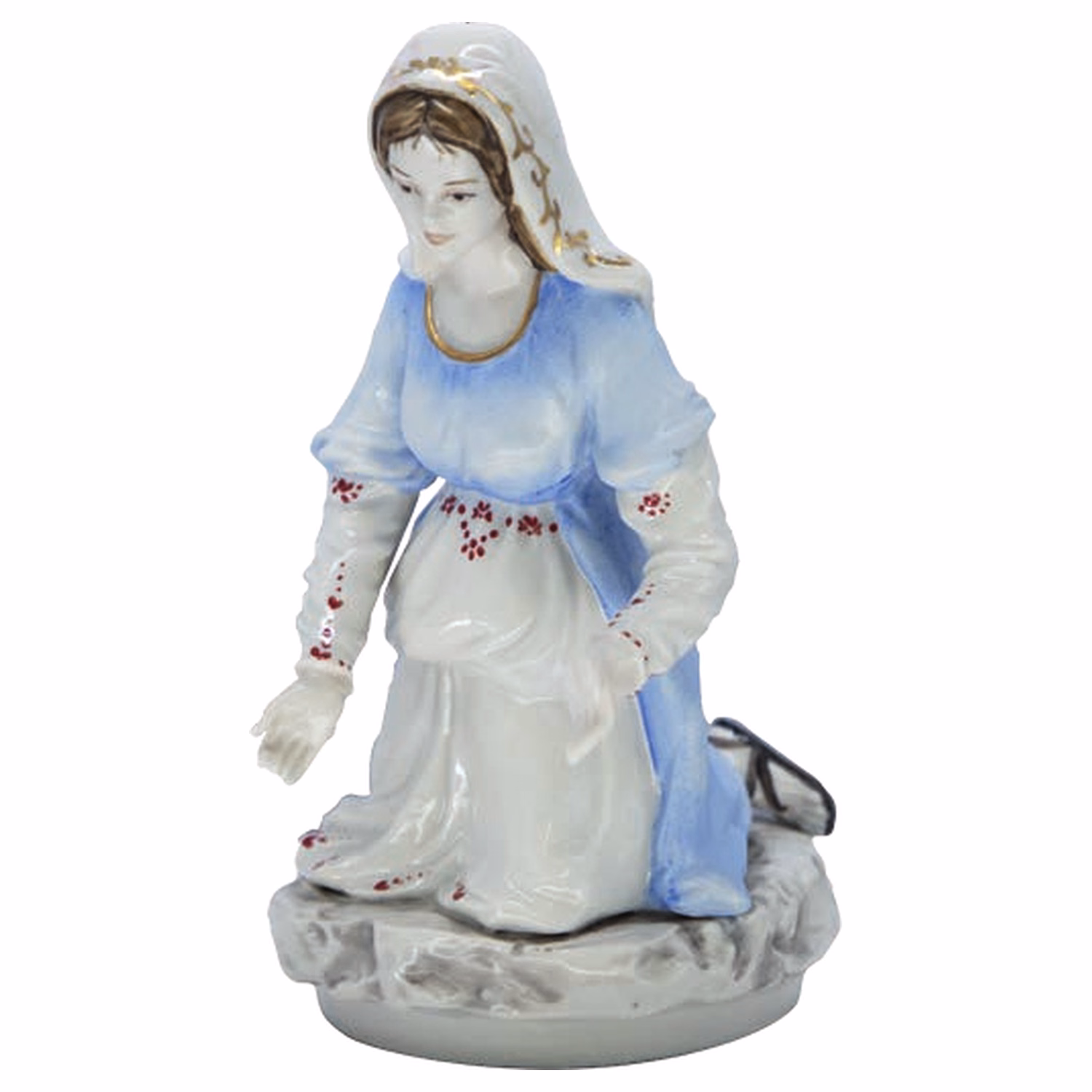 Madonna in porcellana inginocchiata in preghiera con manto azzurro